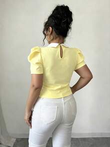 Elenzga 夏季珍珠裝飾 3D 泡泡袖法式復古風短版修身大尺碼 T-shirt - 黃色 - 查看 2