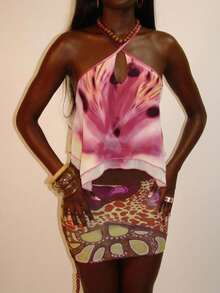Lumalex Pink Abstract Floral Print Halter Crop Top Crisscross Neck Tie Back Layered Chiffon Overlay Asymmetric Hem And Lettuce Edge Trim Perfect Summer Top - Multicolor - View 4