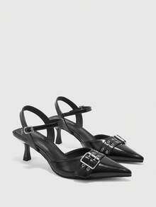 CUCCOO BIZCHIC Elegant Black Slingback Pumps For Women With Pointed Toe Buckle Accent And Kitten Heel - Black - View 6