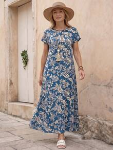 EMERY ROSE Women's Round Neck All-Over Print Casual Party Long Dress - Multicolor - View 4