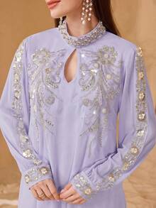 SHEIN Najma 優雅蕾絲飾邊與珠飾裝飾女款阿拉伯風洋裝 - 淡紫色 - 查看 5
