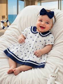 SHEIN Newborn Cotton Sailor Style Cute Dress With Bow Headband, Short Sleeve Dress Outfit For Party, Holiday, Outing, Photoshoot, Adorable, Skin-Friendly, Loose & Comfortable, Sweet, Elegant, Collared Full Button Front Design - Black and White - View 8