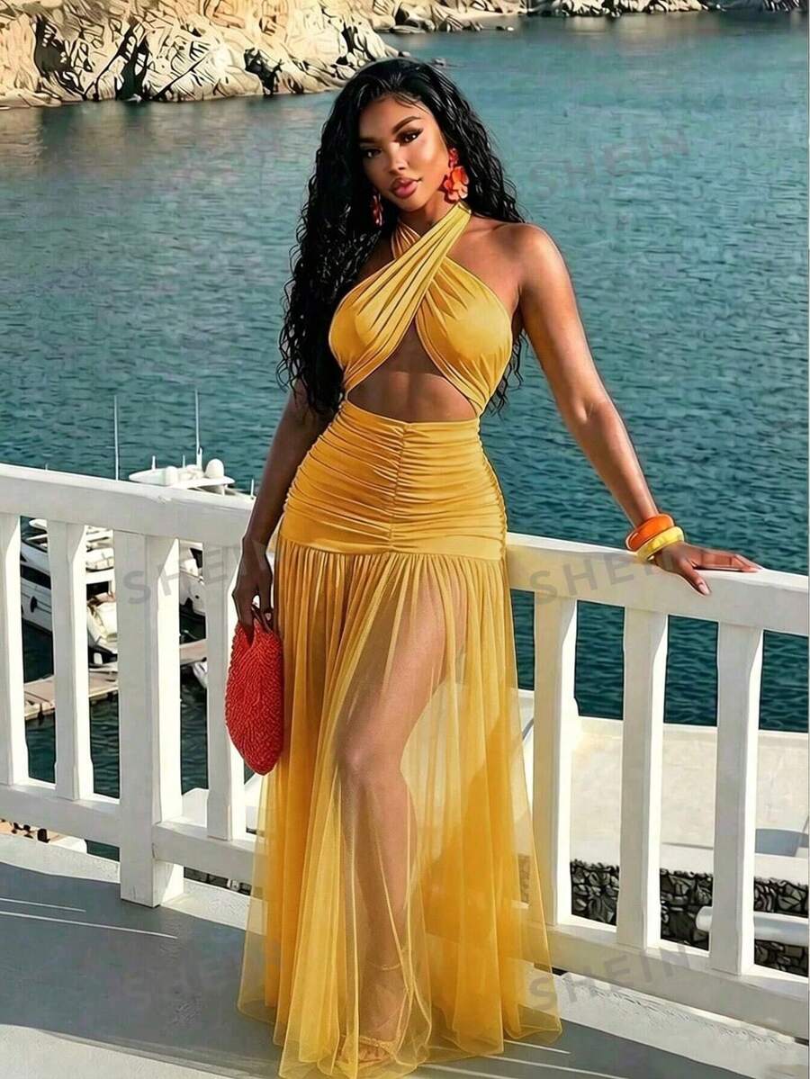 BamGleam Vestido de mujer con cuello extra largo, malla y espalda descubierta con pliegues - Amarillo - Ver 1