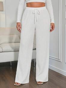 SHEIN Tall CURVE 大码女式高腰宽松抽绳褶皱纹理面料阔腿裤，女式白色亚麻裤 - 白色 - 查看 4