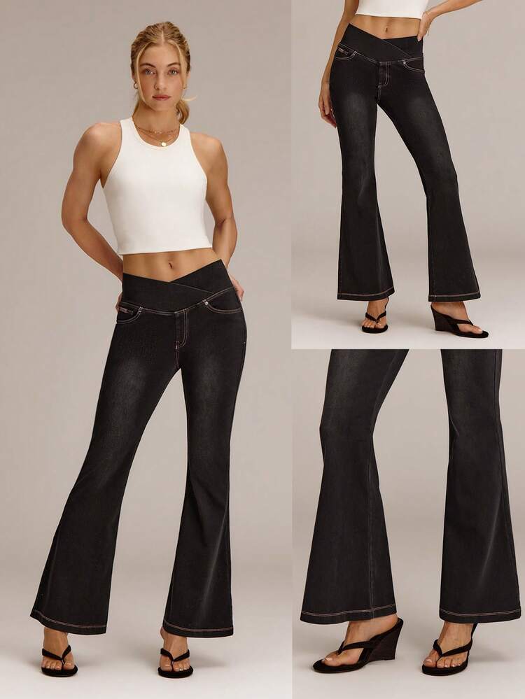 Jeanius Moves Movin' And Groovin' Stretchy Breathable Butt-Lifting Denim Crossover Waist Flare-Leg Pocket Jeggings Daily Casual Wear  Spring Summer