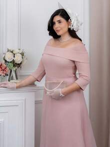 The Leen Edit Women Off Shoulder Elegant Mid-Length Flared Dress Elegant Dress Pink Summer - Pink - View 4