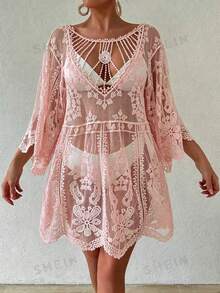 Swim Vcay 女款夏季度假鏤空花朵刺繡罩衫洋裝 - 粉色 - 查看 5