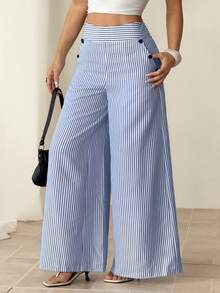 SHEIN PETITE Women's Casual Sexy Blue And White Stripe Button Decor Wide Leg Pants,Petite Women Beach Autumn - Blue and White - View 6