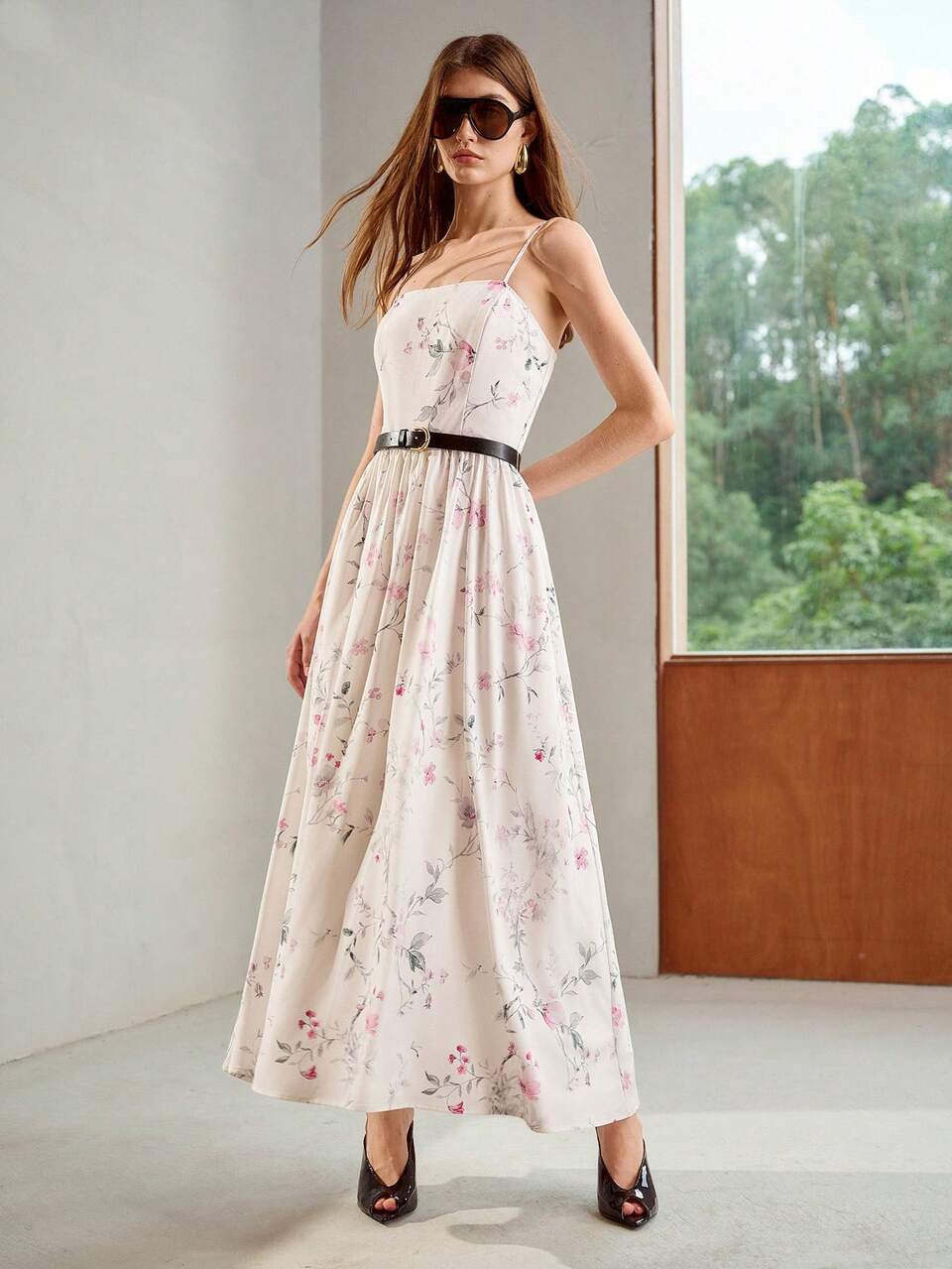 SPRING/SUMMER WOMEN'S MULTI-COLOR FLORAL PRINT A-LINE SPAGHETTI STRAP ELEGANT FASHIONABLE COMMUTER MID-LENGTH DRESS