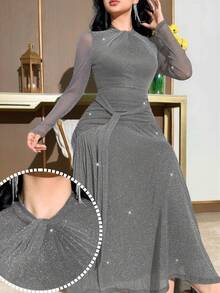 Modelyn 女款亮面長袖腰部繫帶優雅中長洋裝 - 灰色 - 查看 3