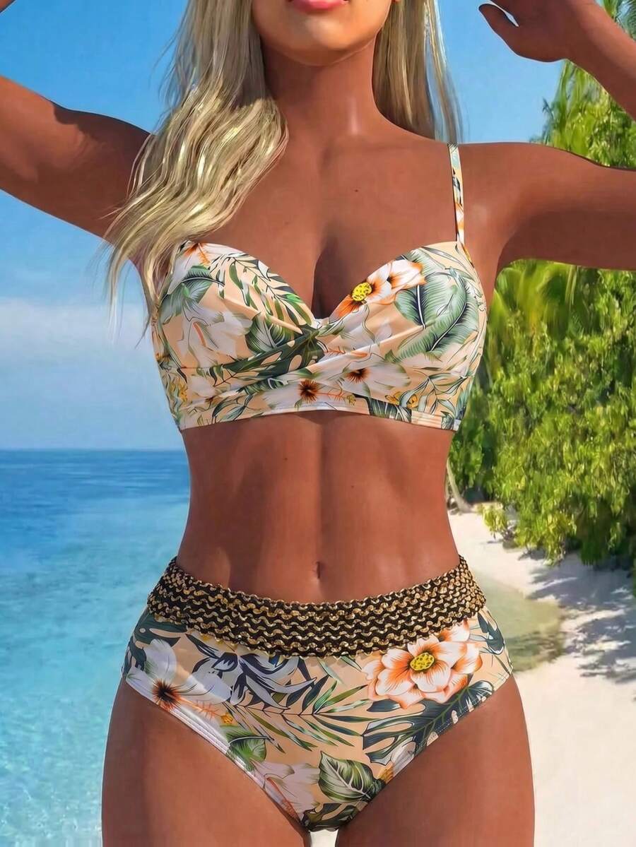 Swim Lushoire 女款夏季海灘度假熱帶植物印花墊肩鋼圈比基尼套裝 - 彩色 - 查看 1