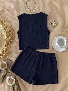 SHEIN Tween Girl Deep Blue Textured Sleeveless Tank Top & Shorts 2-Piece Set, Casual Outfit, Skin-Friendly Wavy Fabric, Round Neck Cropped Top, High-Waist Straight Leg Shorts, Simple Solid Color Commuter Wear, Comfortable Versatile Basic Set, Daily Outing Slouchy Style Essential - Navy Blue - View 2