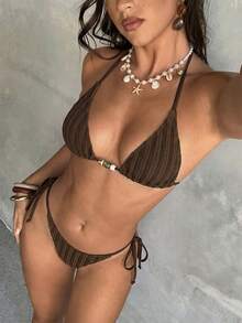 Aloruh 女款夏季新款比基尼套裝，棕色條紋印花圖案，熱帶派對海灘度假音樂節，幻彩貝殼裝飾泳衣沙灘裝，性感 - 棕色 - 查看 3