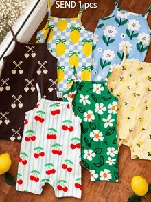 Romper Camisole Kasual Bayi Perempuan Motif Cherry Palet Warna Maillard Vintage, Cocok untuk Musim Semi dan Musim Panas - MultiWarna - View 5