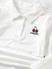 SHEIN 2pcs/Set Girls' Casual Versatile Solid Color Knit Long Sleeve Polo T-Shirt Set With Cherry Pattern, Suitable For Fall And Winter - White - View 2