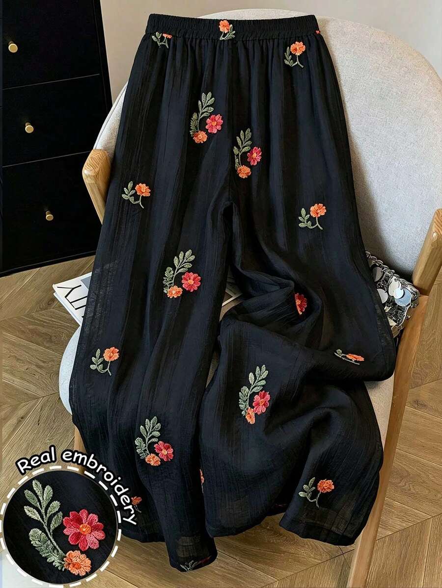 Resyla بنطلون طويل مطرز بالزهور كاجوال للعطلات للنساء - الأسود - مشاهدة 1
