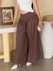 Andrea Bello Vintage Low-Waist Wide-Leg Pants, Draping Slimming Effect, Casual Coffee-Colored Pure Cotton Trousers, Suitable For Vacation, Casual Wear, Summer - Coffee Brown - View 6