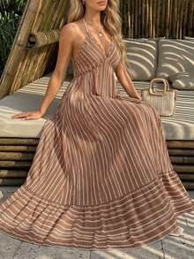 Livesso Women's Vacation Casual Boho Brown Stripe Backless Halter Neck Swim Dress Summer Beach - Brown - View 7