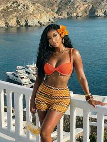 Slaydiva Bikini Top Cup-Shaped Burnt Orange Brown Striped Twisted Shoulder Straps Shell Woven Belts Beach Vacation Holiday Wear Two Pieces Set Summer Sexy - Orange - View 11
