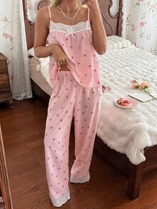 CottageSlumber Women's Romantic Sweet Pink Plaid Cherry Print Camisole Pajama Set, Embroidered Lace Trim, 2 Pieces Loungewear - Pink - View 6
