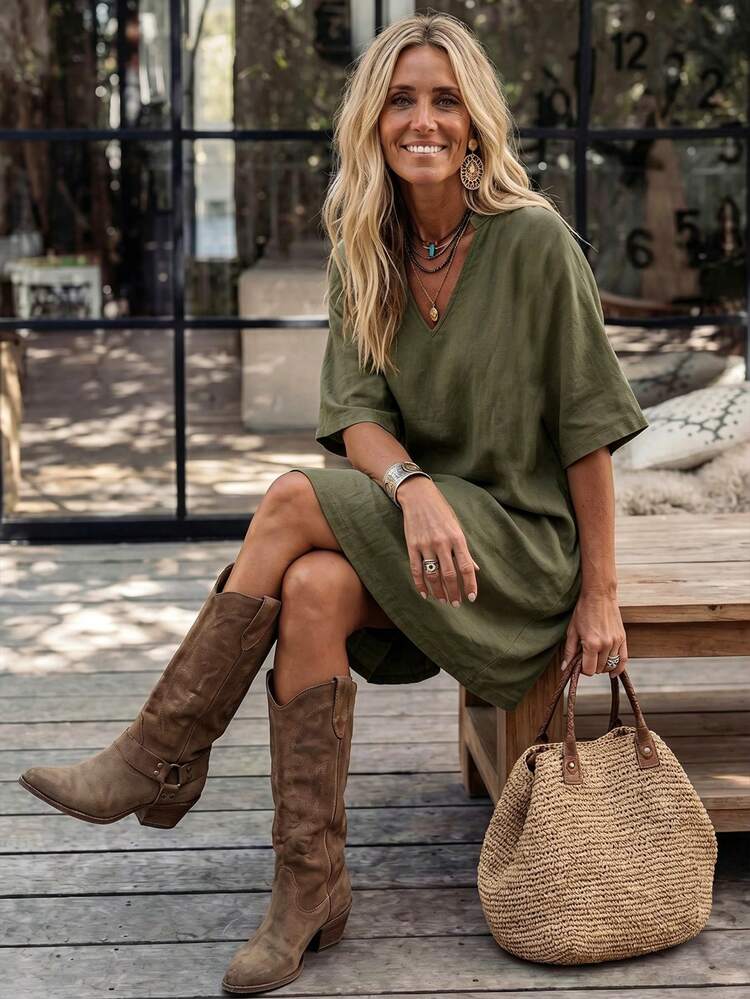 LanaWest 100% Cotton Women's Summer Washed Cotton Notch V-Neck Cap Sleeve Straight Fit Fashion Minimalist Design Western Casual Short Dress - Army Green - View 1