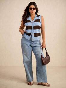 Elaquor Plus Size Sleeveless Knitted Sweater Vest, Fashionable For Summer,Business Casual Woman In Fall/Winter - Blue - View 1