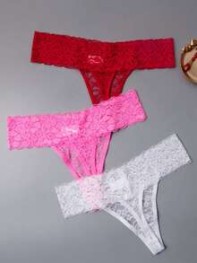 ROMWE Kawaii 3 Packs Sexy Women'S Lace G-String Panties, 90% Polyamide 10% Spandex, Thin T-Back Bikini Thongs, Knit Fabric, Solid Color, Drop Waist, 165gsm Lightweight Lingerie - Multicolor - View 2