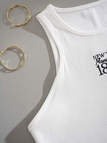 INAWLY Letter Graphic Ribbed Knit Tank Top Graphic Tees Women Tops - White - View 3