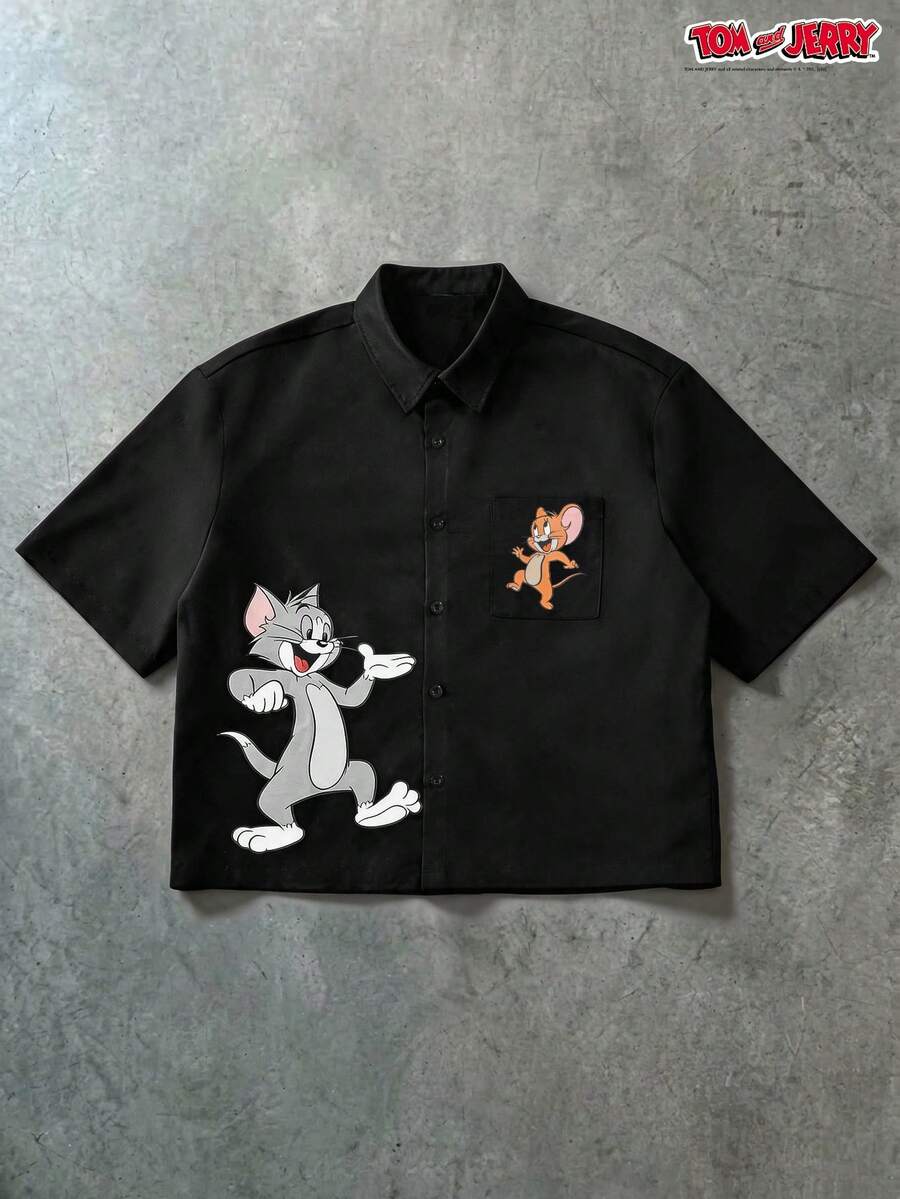 TOM & JERRY X SHEIN PAVTROS 男士卡通印花单排扣口袋短袖衬衫 - 黑色 - 查看 1