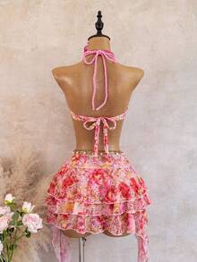 Zestiva Summer Beach Vacation Women's Pink And Orange Tropical Ditsy Floral Braided Bandeau Top And Layered Ruffle Hem Skirt Bikini Set - Multicolor - View 3