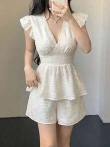 Lucivie Women's Elegant White Summer Tea Party Short Set,Lace Texture V Neck Flutter Sleeve Peplum Top And Shorts,Casual Vacation Ready Beach Resort Outfits - Apricot - View 6