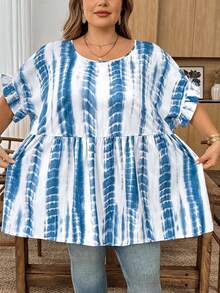 SHEIN CURVE+ Curve 加大码 US22 音乐节、海滨度假、波西米亚风 CURVE PLUS / / 女士格纹印花衬衫，适合春夏波西米亚风度假，休闲娃娃风衬衫 - 藍白色 - 查看 7