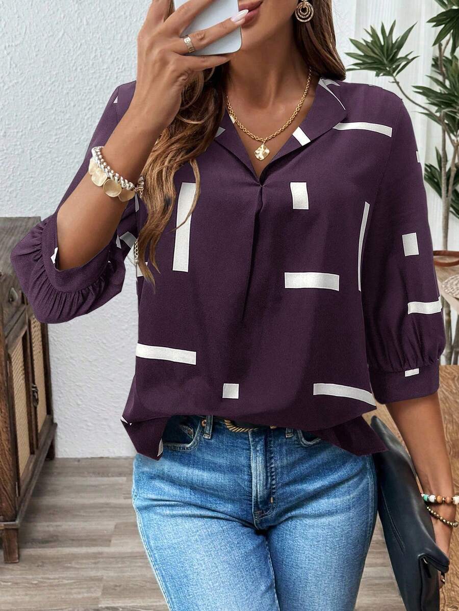 SHEIN LUNE Ropa de Navidad para Mujer Blusa Casual de Oficina para Mujer, Uniforme de Trabajo para Maestra, Ropa de Fiesta, Camisa Negra con Estampado de Lentejuelas Conjunto de Año Nuevo, Casual - Morado - Ver 1