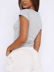INAWLY Women's Solid Color Round Neck Short Sleeve Casual Versatile T-Shirt Everyday Light Grey Summer House - Light Grey - View 2