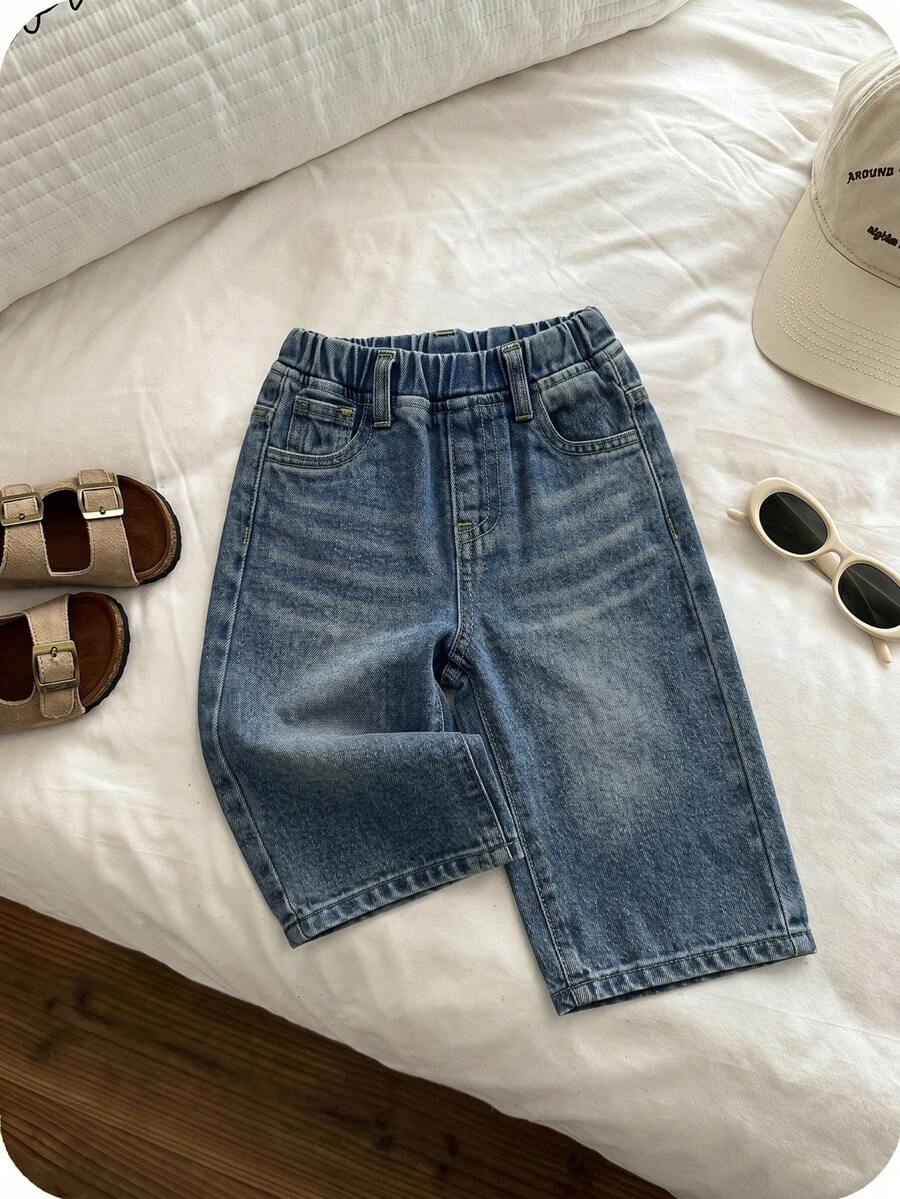 SHEIN Celana Jeans Denim Kasual Serbaguna untuk Bayi Laki-laki dengan Pinggang Elastis dan Saku, Cocok untuk Aktivitas Sehari-hari. - Medium Wash - View 1