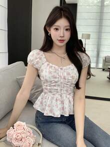 K-Vae 女款春夏休閒韓系碎花收腰泡泡袖通勤百搭軟質短袖襯衫 - 粉色 - 查看 7