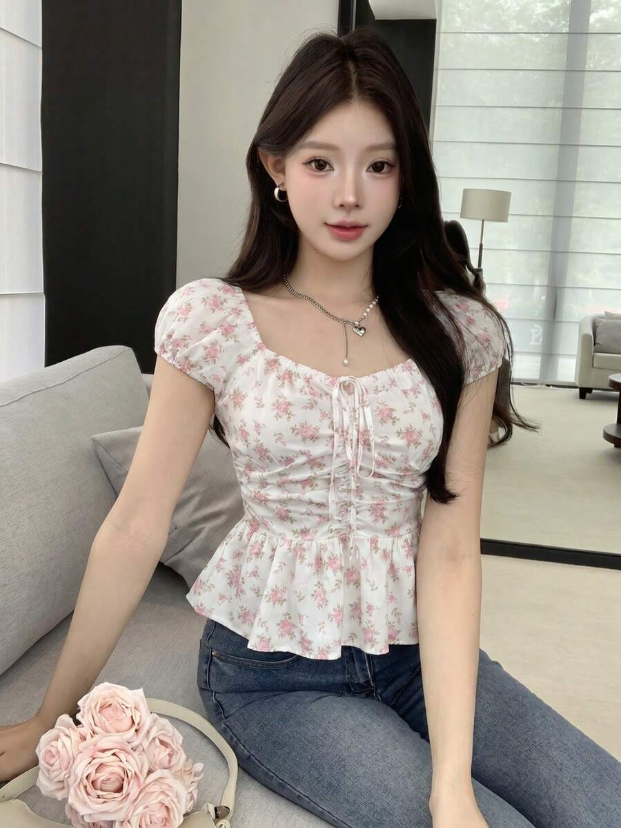 K-Vae Women's Spring/Summer Casual Korean Style Ditsy Floral Cinched Waist Puff Sleeve Commuter Versatile Design Soft Short Sleeve Blouse - Pink - View 1