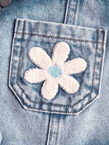 SHEIN Vintaside Kids 嬰幼兒男女通用 0-3 歲 春/秋 紫色甜美風花卉刺繡裝飾牛仔長褲、圓領長袖套頭上衣搭配牛仔吊帶褲套裝，適合外出、購物與休閒穿著 - 藍色 - 查看 4