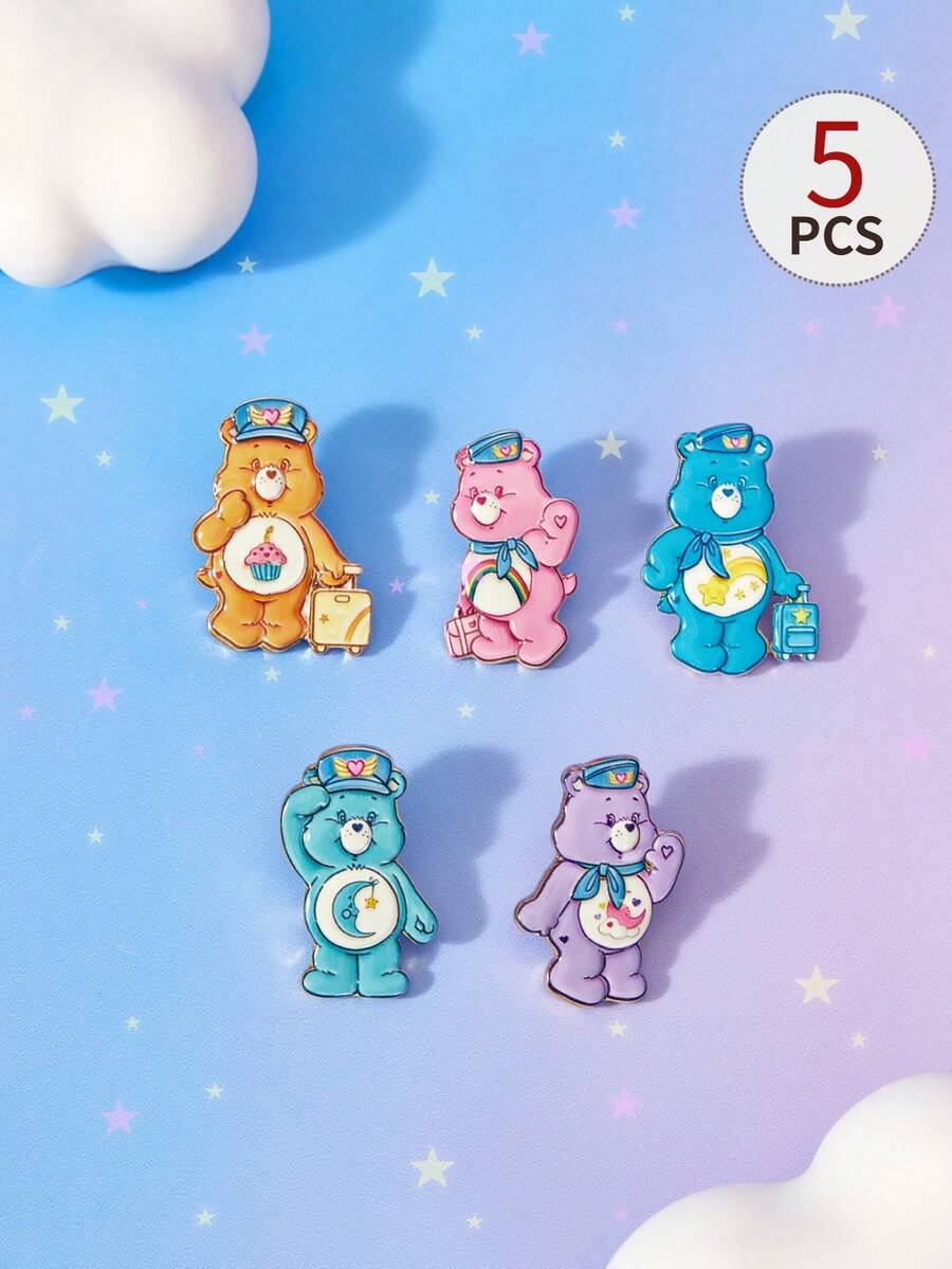 SHEIN X Care Bears 5PSC 新款創意卡通多色可愛熊圖案印花胸針套組,IP聯名設計,個性化簡約大方,可用作飾品,適合各種派對、音樂會、節日,精美禮物 - 彩色 - 查看 1