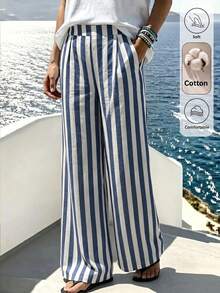 Omancia Women's Spring/Summer Cotton Blend Striped Loose Versatile Long Pants, Suitable For Travel, Home And Outdoor - Blue and White - View 3