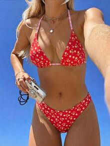 Swim Mod 新款女款夏季兩件式隨機花卉格紋印花三角掛脖比基尼上衣與褲套裝，海灘度假泳裝，紅色花卉白色熱帶風 - 彩色 - 查看 4