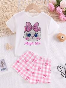 Tween Girl Casual Cute Shiny Textured Cartoon Kitty Cat Pattern, Pink And White Bow, Plaid, Round Neck Short Sleeve Shorts Loungewear For Summer - Multicolor - View 2