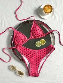 Swim Mod 2026春夏女款細肩帶掛脖黑色底白波點隨機印花甜美可愛高衩側開比基尼泳衣兩件套 - 彩色 - 查看 2