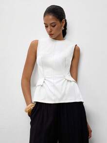 Maija White Round Neck Sleeveless Summer Fall Women's Top With Ruffle Hem Urban Business Casual Minimalist Elegant Basic Festival Golf Work Office Brunch - White - View 6