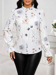 SHEIN Lady Women's Elegant Versatile Floral Print Ruffle Sleeve Stand Collar Blouse Going Out Tops For Women Going Out Tops Going Out Fall For Women - Multicolor - View 7