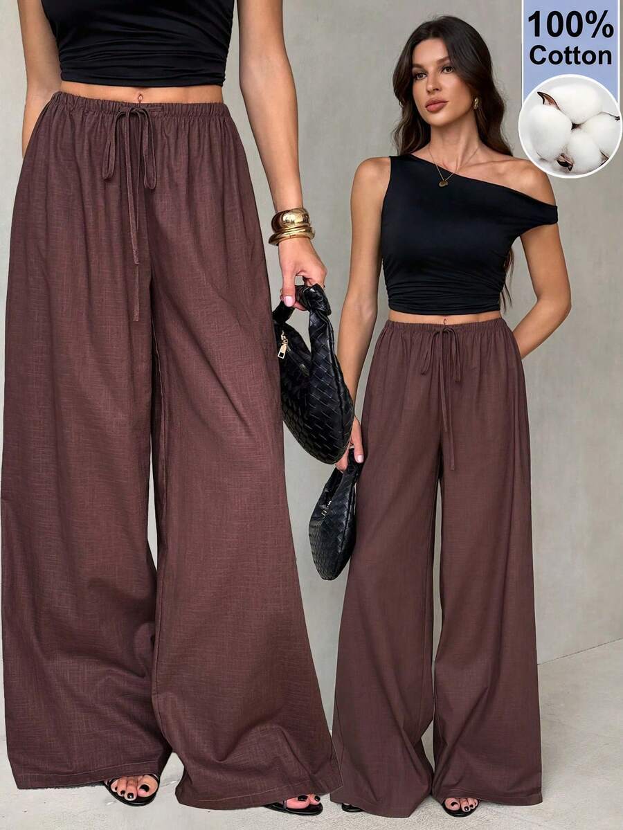 SHEIN Tall 女款棕色 100% 純棉夏季休閒度假寬腿褲,春季優雅高腰直筒寬鬆長褲,復古辦公街頭風,適合高個女性 - 咖啡棕 - 查看 1
