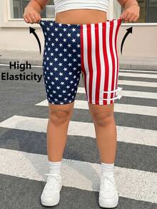 Muchica Plusstorlek Sommarmode Elastiska Randiga & Stjärnmönster Skinny Shorts - Multifärgad - Visa 1