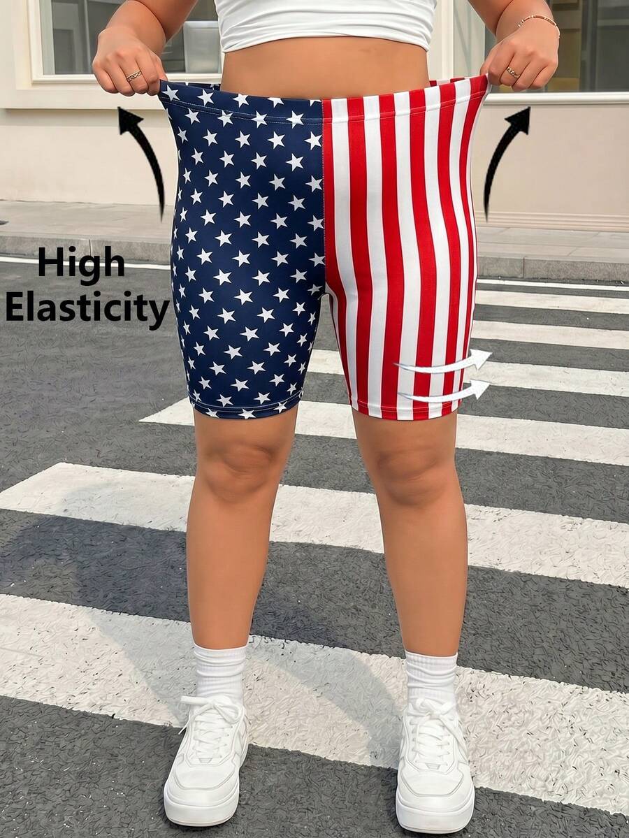 Muchica Plusstorlek Sommarmode Elastiska Randiga & Stjärnmönster Skinny Shorts - Multifärgad - Visa 1
