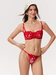Elorette 2pcs Sexy Maple Leaf Lace Bralette Lingerie Set, Semi-Sheer - Red - View 4