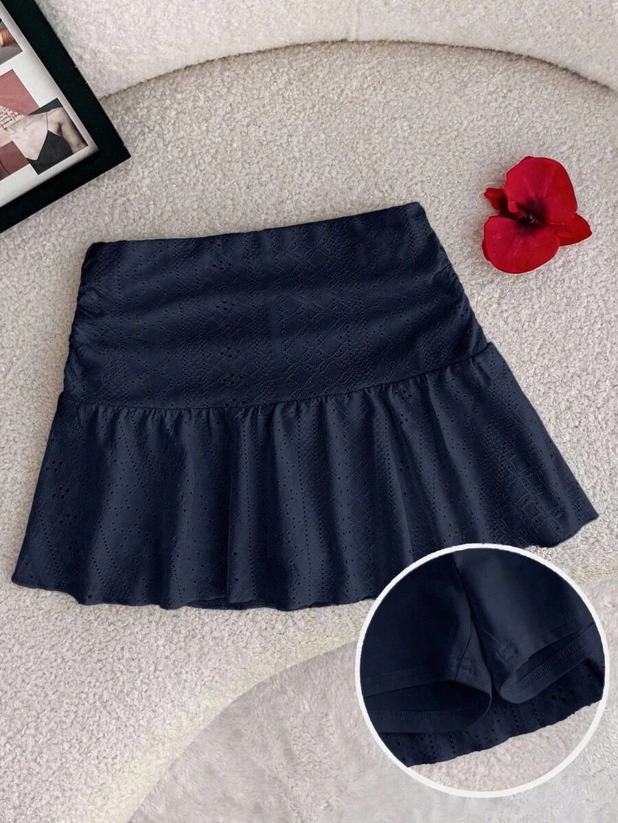 Tween Girl Tween Girls Navy Blue Knit Casual Vacation Home Versatile Hollow Texture Ruched A-Line Low Waist Mini Skirt, Suitable For All Seasons - Navy Blue - View 1